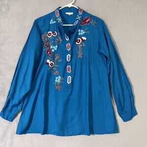 Luv Embroidered Peasant Tunic Shirt Turquoise Blue Women Sz L Boho Aztec